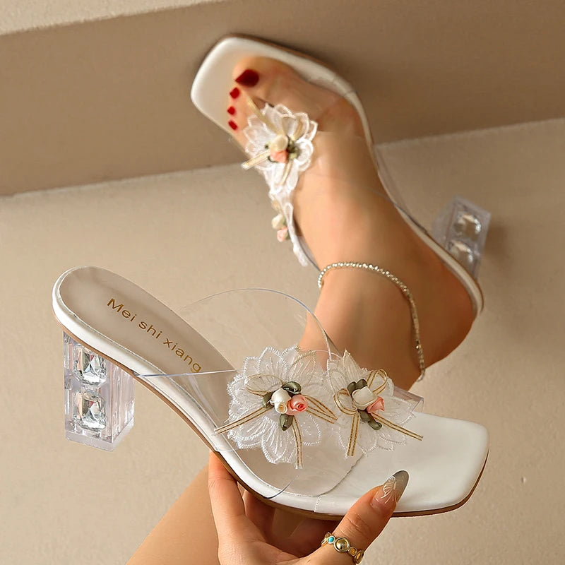 Fashion Flower Decor Square Toe Crystal Transparent High Heels