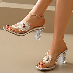 Fashion Flower Decor Square Toe Crystal Transparent High Heels