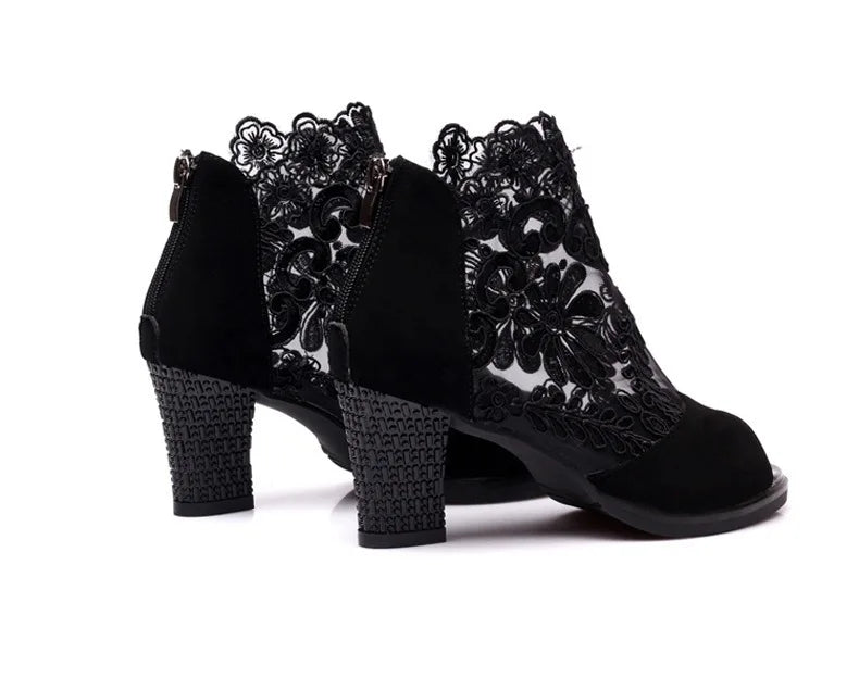 Fashion Mesh high heel sandals Fish mouth High Heels Mid-Calf Shoe Plus Size