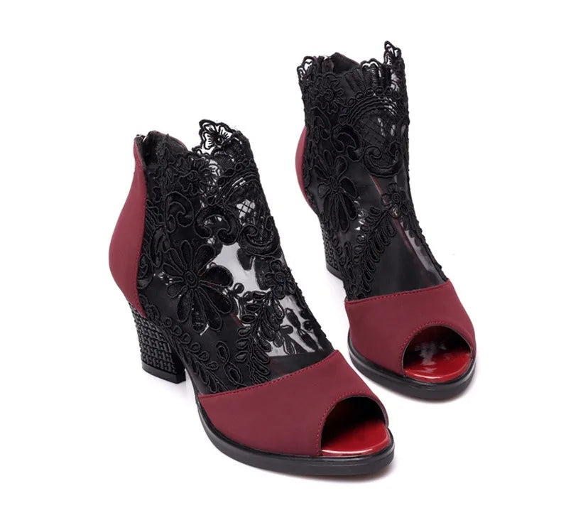 Fashion Mesh high heel sandals Fish mouth High Heels Mid-Calf Shoe Plus Size