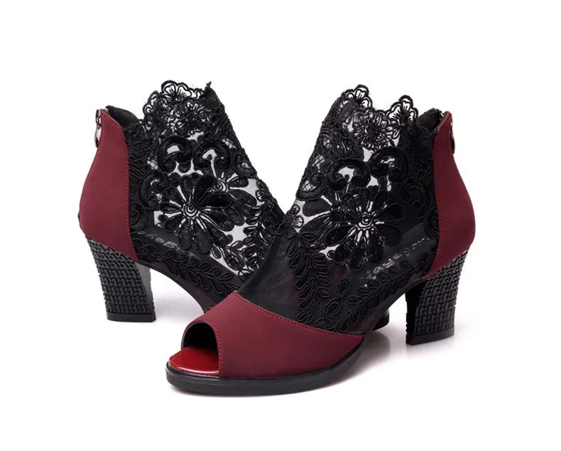 Fashion Mesh high heel sandals Fish mouth High Heels Mid-Calf Shoe Plus Size