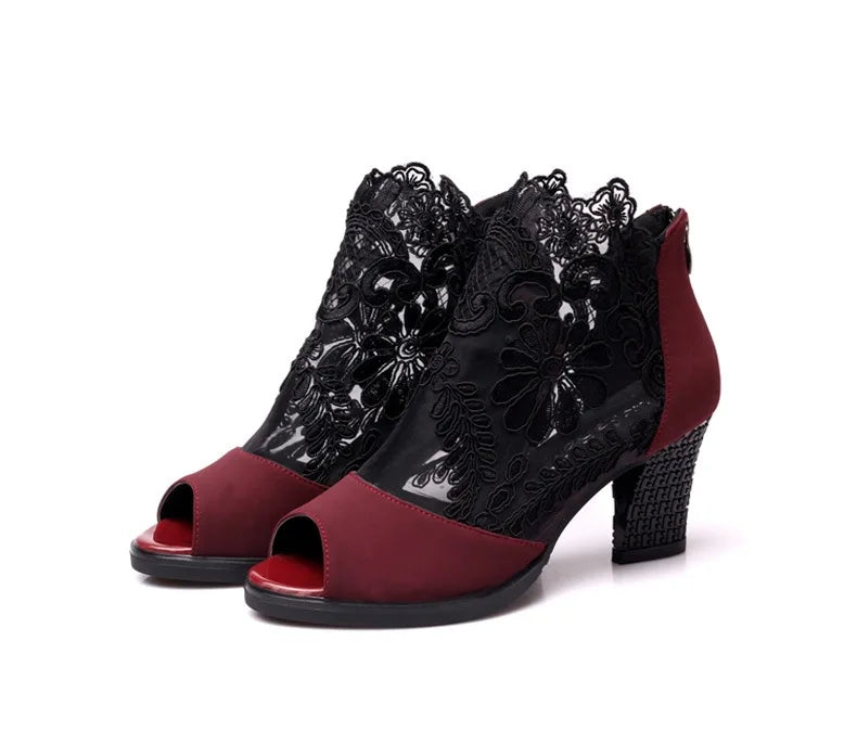 Fashion Mesh high heel sandals Fish mouth High Heels Mid-Calf Shoe Plus Size
