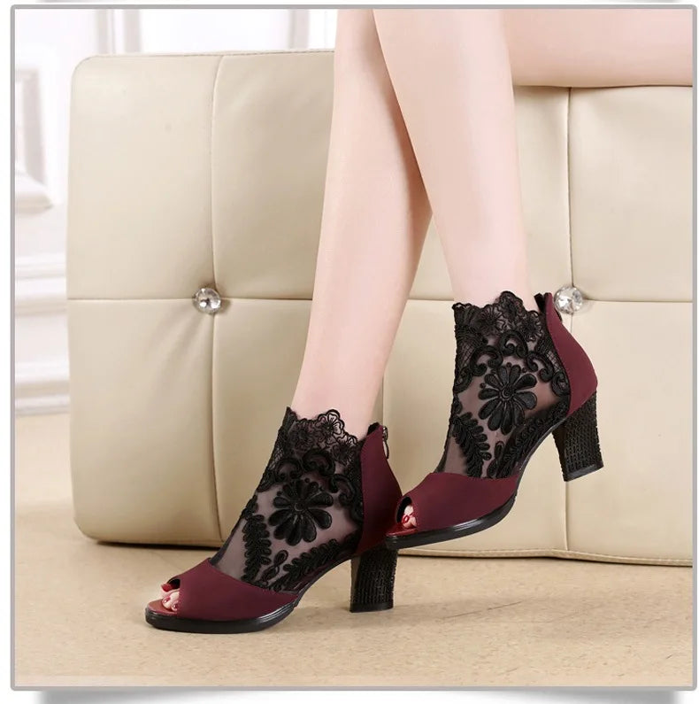 Fashion Mesh high heel sandals Fish mouth High Heels Mid-Calf Shoe Plus Size