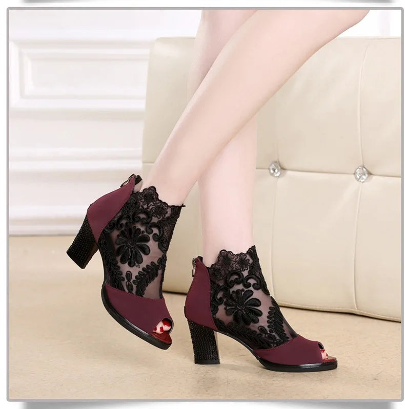 Fashion Mesh high heel sandals Fish mouth High Heels Mid-Calf Shoe Plus Size