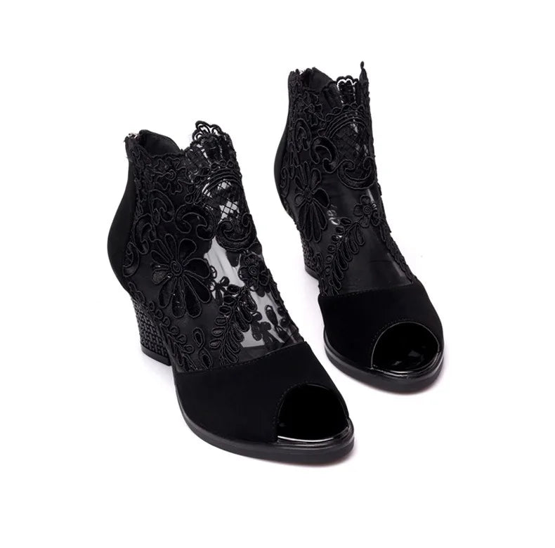 Fashion Mesh high heel sandals Fish mouth High Heels Mid-Calf Shoe Plus Size