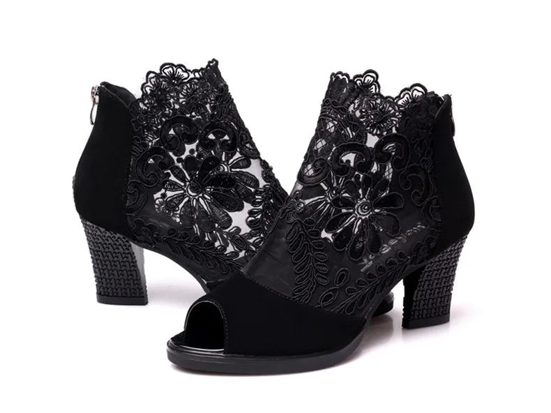 Fashion Mesh high heel sandals Fish mouth High Heels Mid-Calf Shoe Plus Size