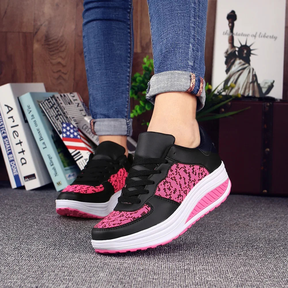 Fashion Plus Swing Platform Lace-up Wedge Sneakers Breathable Mesh Casual Running Shoes