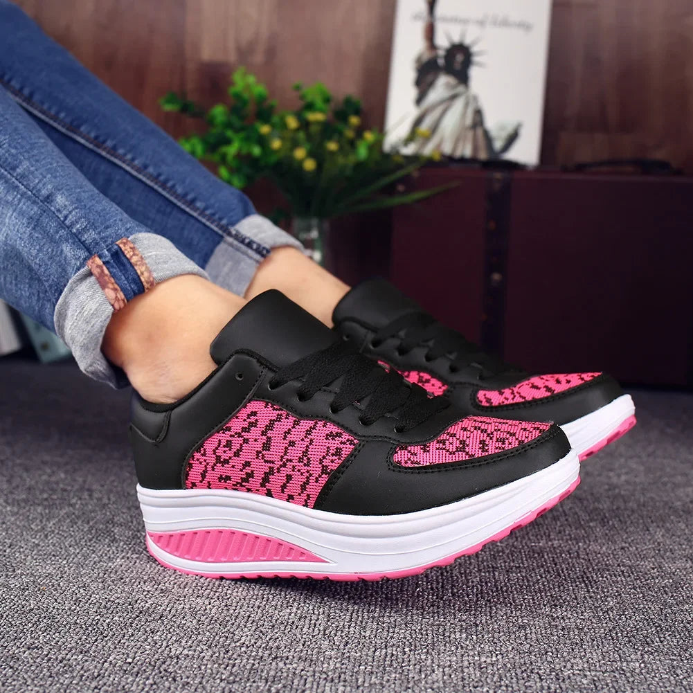 Fashion Plus Swing Platform Lace-up Wedge Sneakers Breathable Mesh Casual Running Shoes
