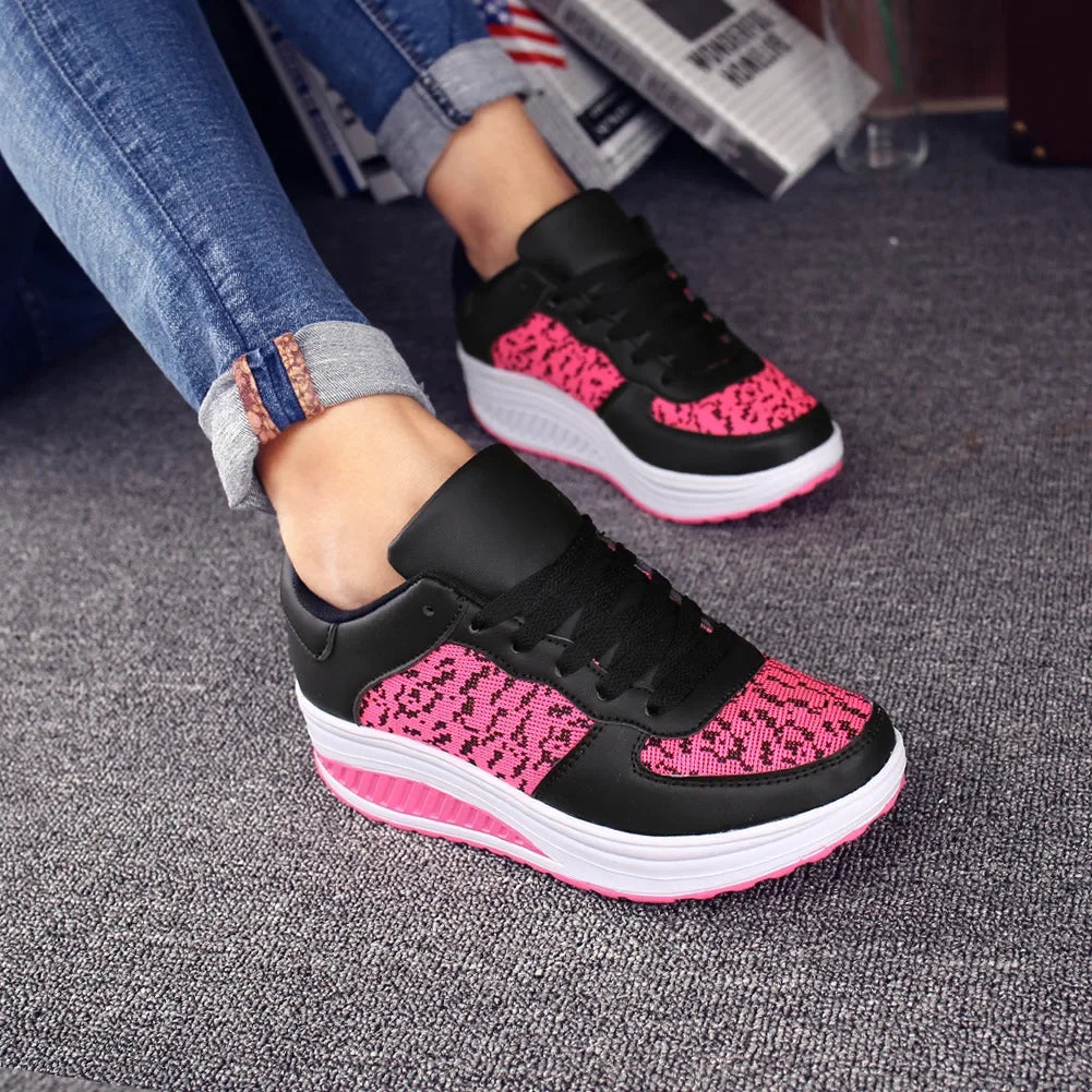 Fashion Plus Swing Platform Lace-up Wedge Sneakers Breathable Mesh Casual Running Shoes