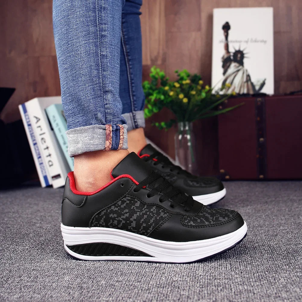 Fashion Plus Swing Platform Lace-up Wedge Sneakers Breathable Mesh Casual Running Shoes