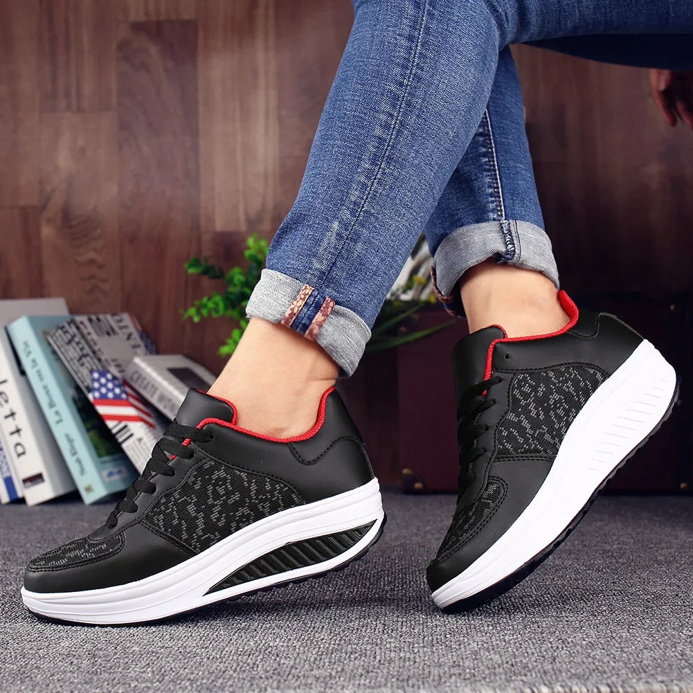 Fashion Plus Swing Platform Lace-up Wedge Sneakers Breathable Mesh Casual Running Shoes