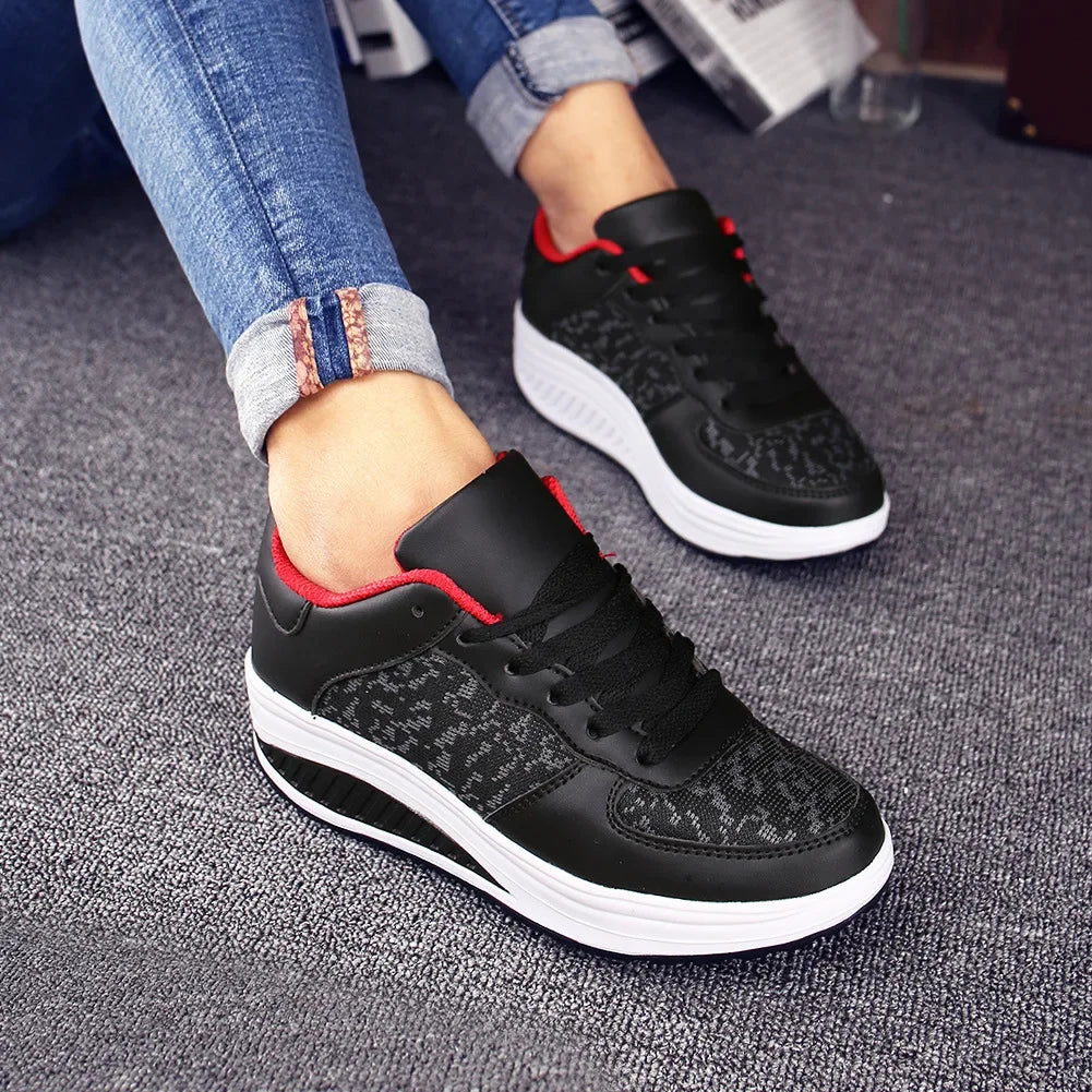 Fashion Plus Swing Platform Lace-up Wedge Sneakers Breathable Mesh Casual Running Shoes