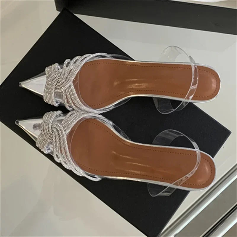 Fashion Slingbacks Pointed Toe Pumps Luxury Design Style Crystal PVC Clear Low Heels Party Shoe
