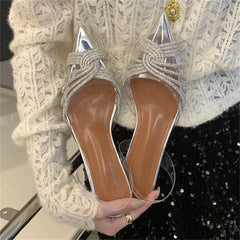 Fashion Slingbacks Pointed Toe Pumps Luxury Design Style Crystal PVC Clear Low Heels Party Shoe
