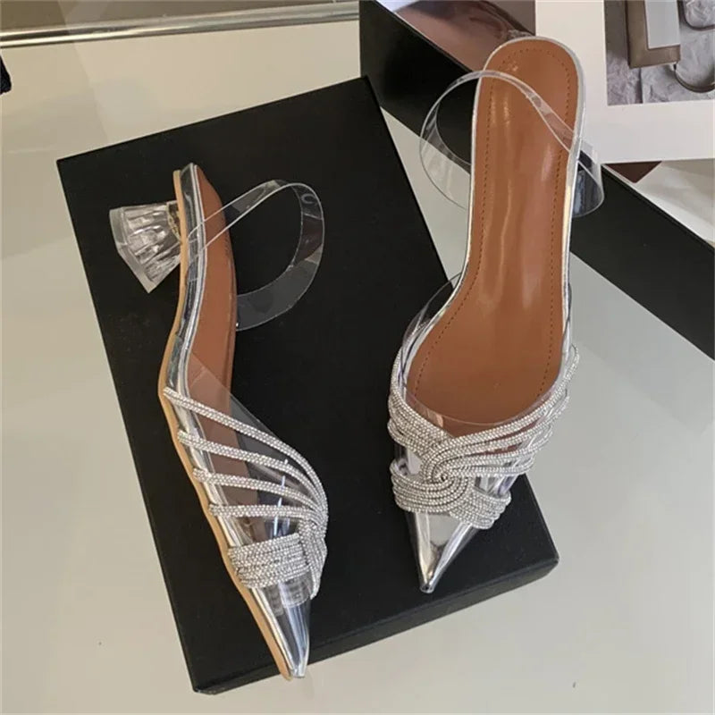 Fashion Slingbacks Pointed Toe Pumps Luxury Design Style Crystal PVC Clear Low Heels Party Shoe