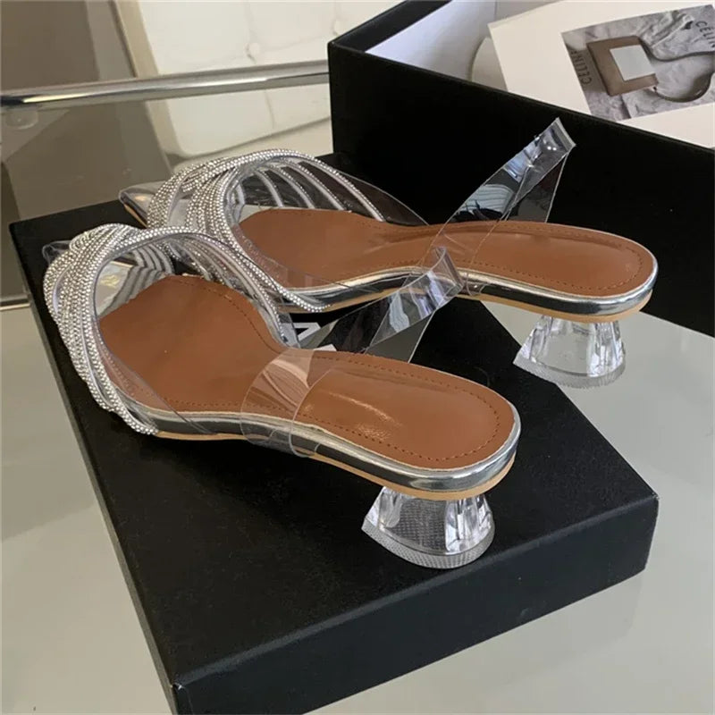 Fashion Slingbacks Pointed Toe Pumps Luxury Design Style Crystal PVC Clear Low Heels Party Shoe