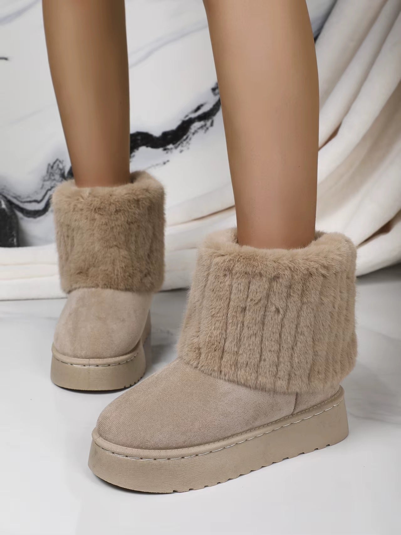 Faux Fur Soft Comfort Cuff Woven Plush Platform Ankle Chunky Snow Boots