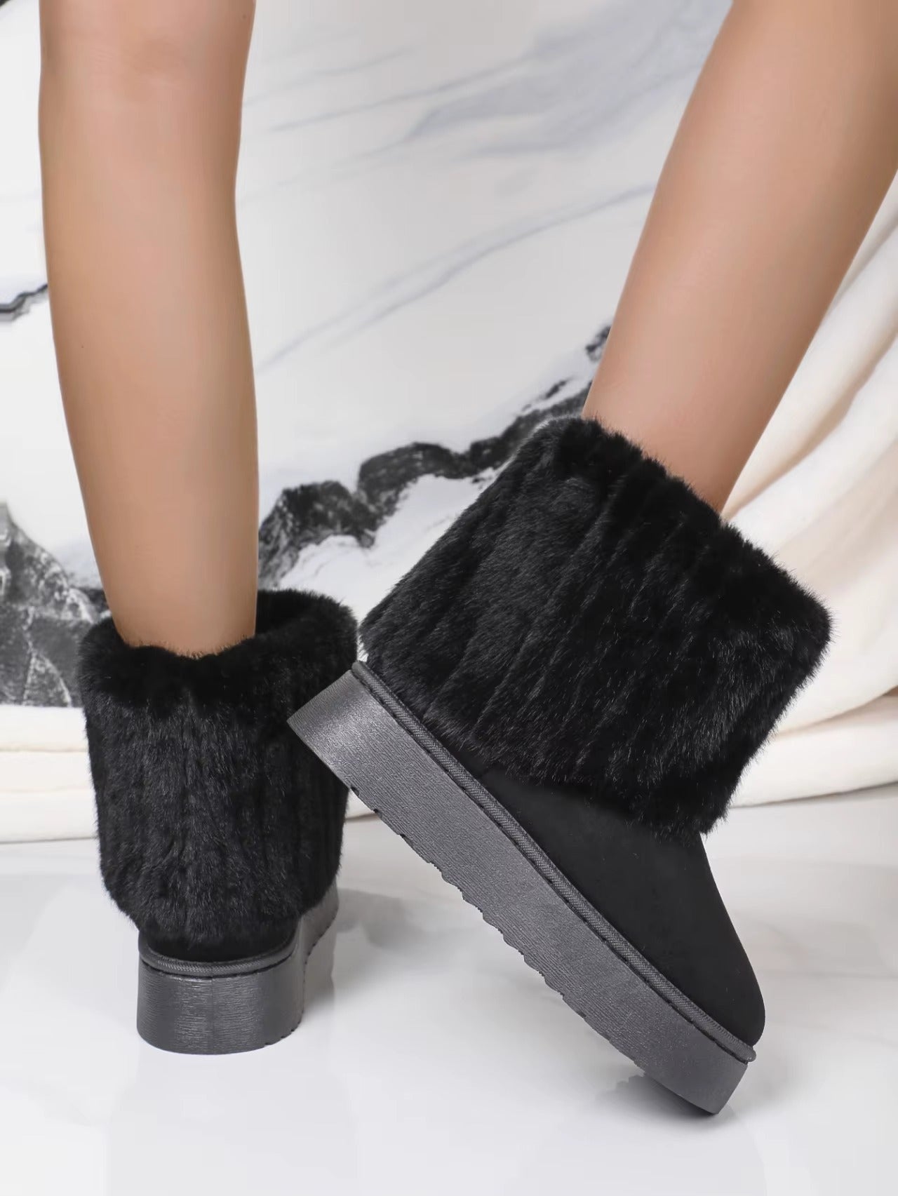 Faux Fur Soft Comfort Cuff Woven Plush Platform Ankle Chunky Snow Boots