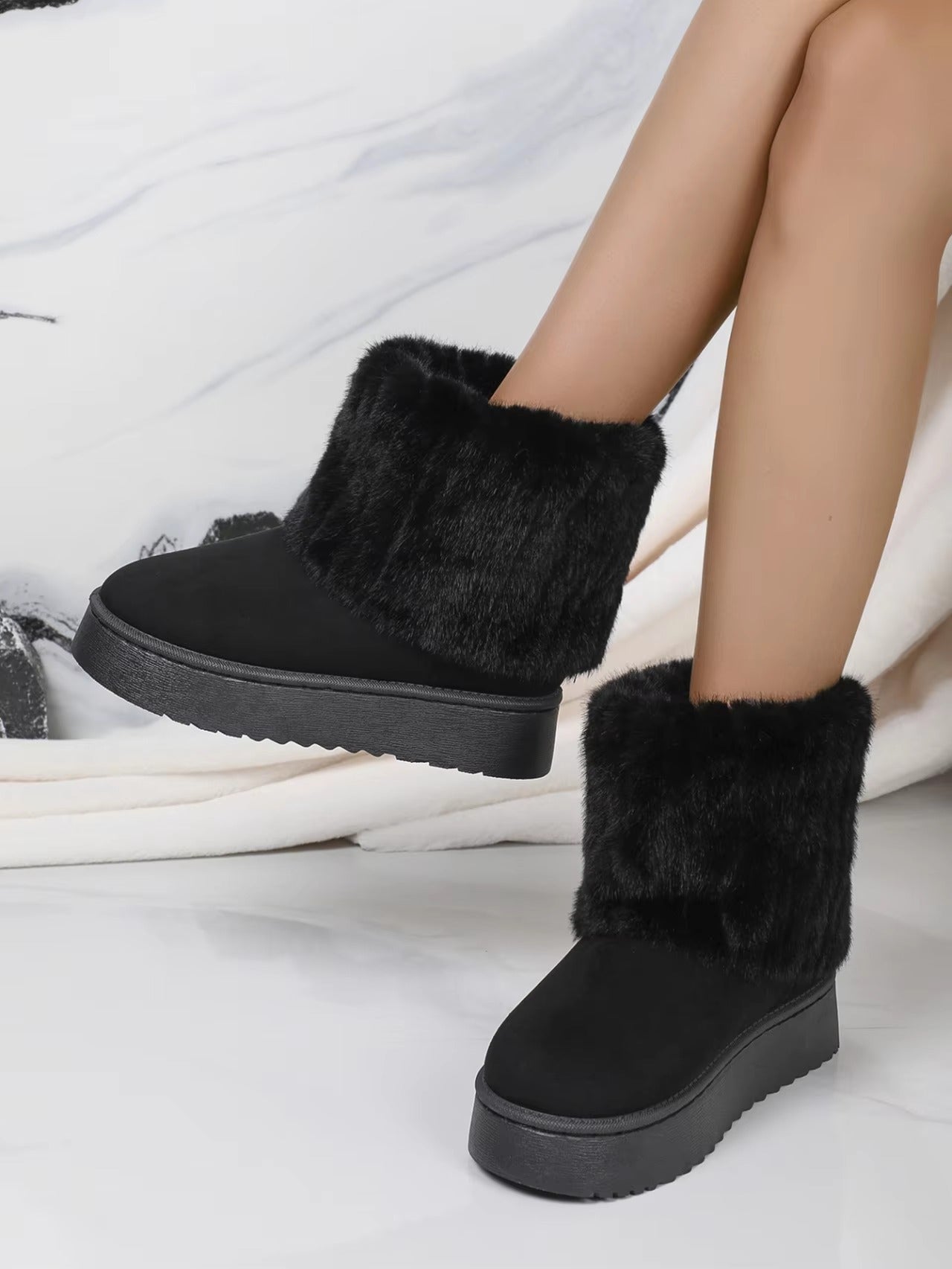Faux Fur Soft Comfort Cuff Woven Plush Platform Ankle Chunky Snow Boots
