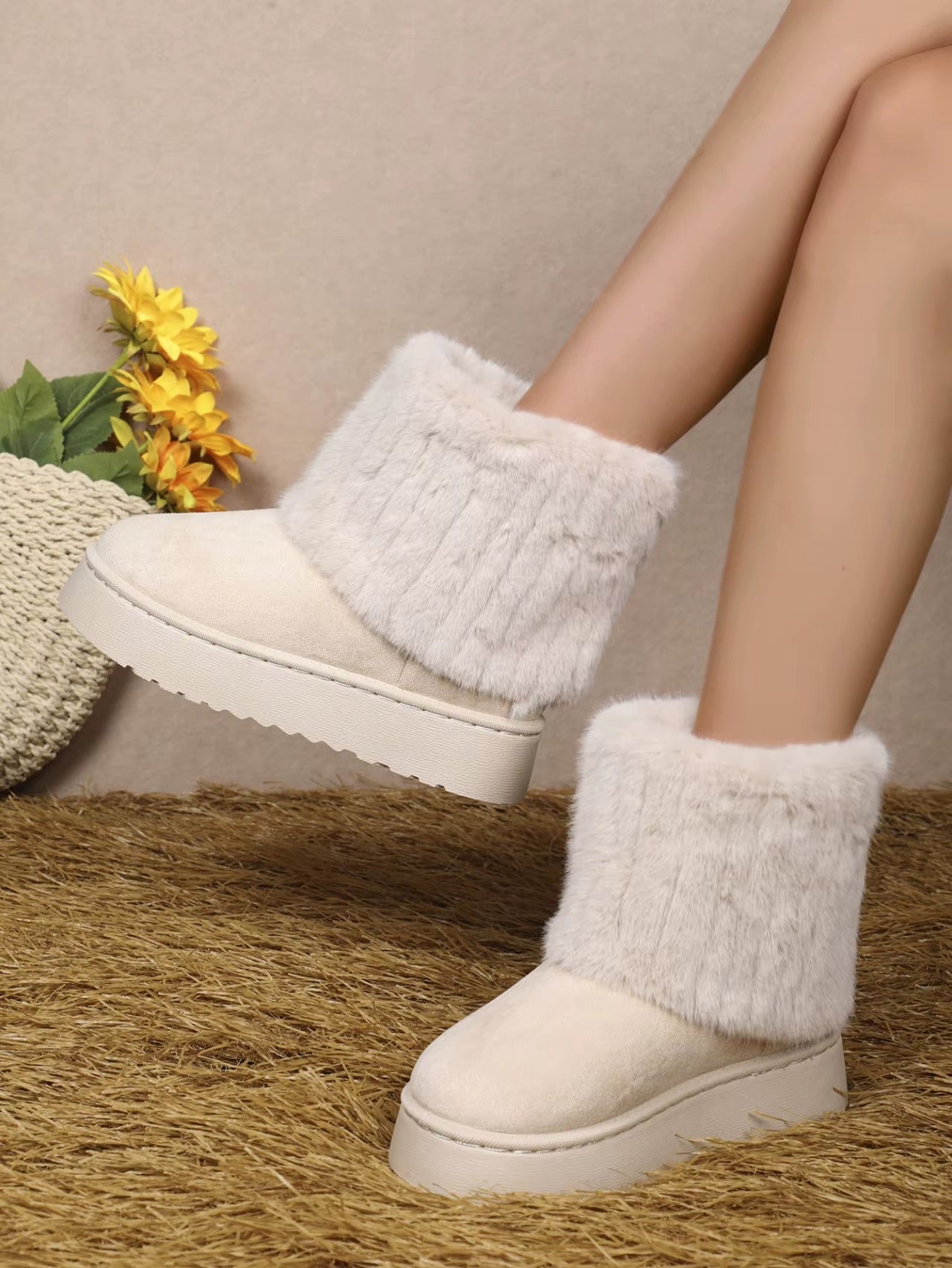 Faux Fur Soft Comfort Cuff Woven Plush Platform Ankle Chunky Snow Boots