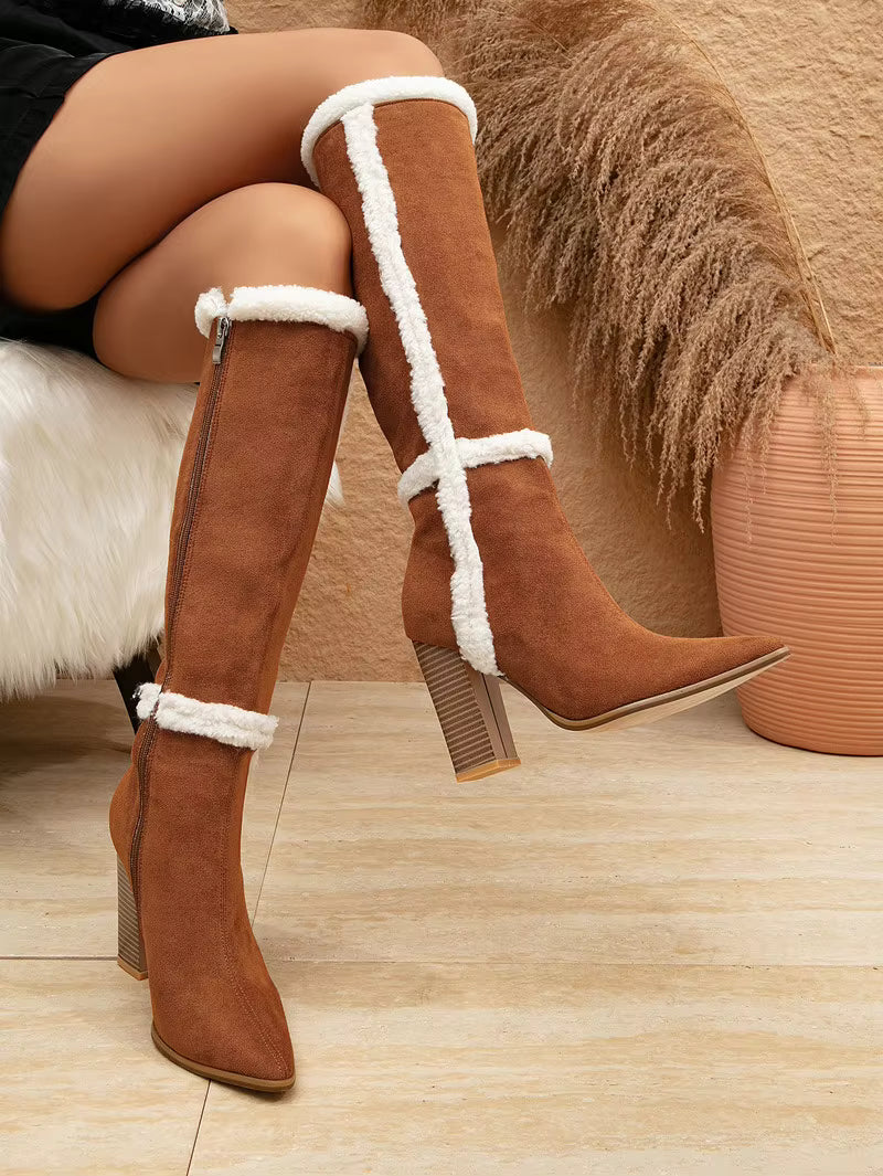 Faux Suede Patchwork Pointed toe Thick High heels Warm Long Shoes