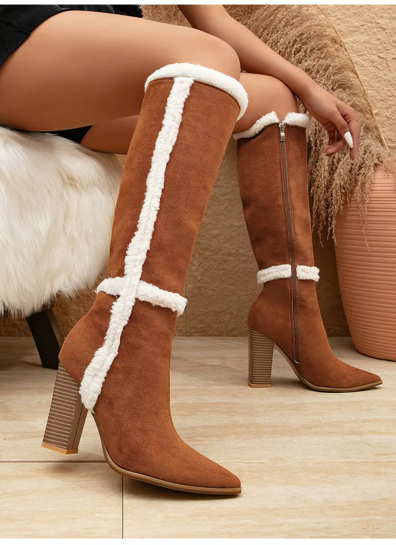 Faux Suede Patchwork Pointed toe Thick High heels Warm Long Shoes