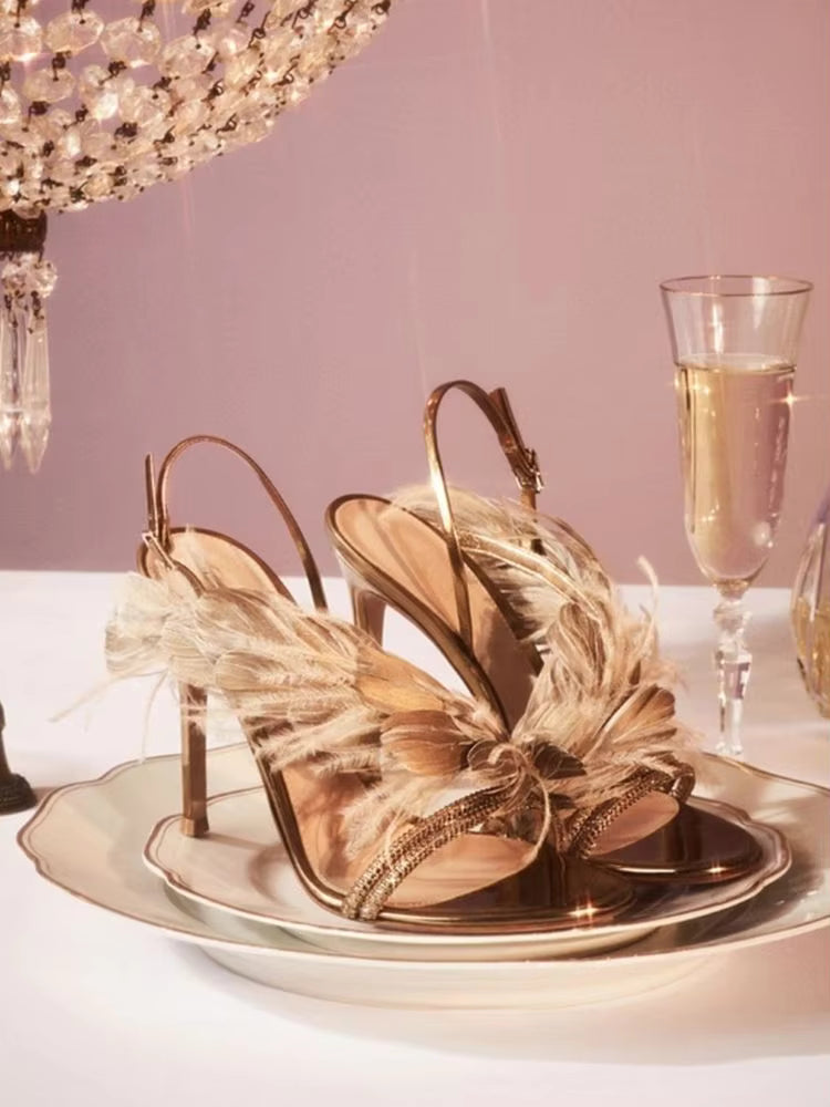 Feather Banquet Rhinestone One-line Buckle High Heel Stiletto Sandals