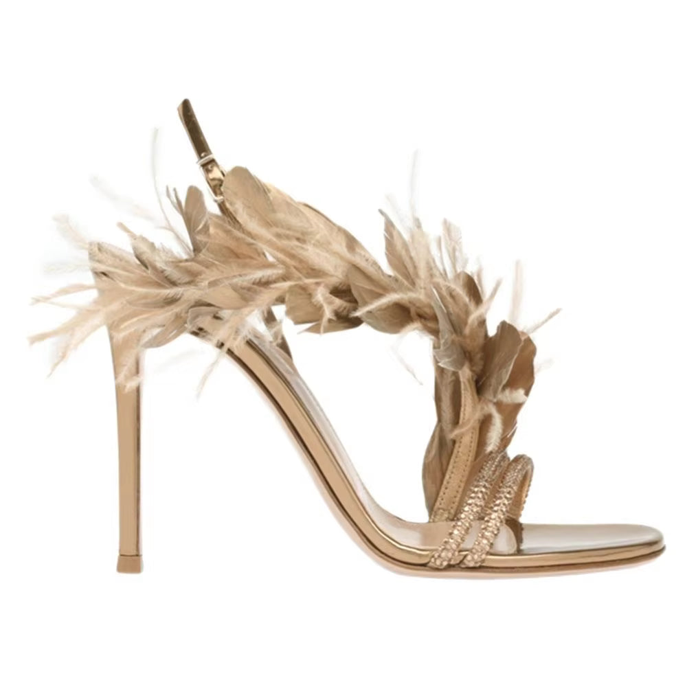 Feather Banquet Rhinestone One-line Buckle High Heel Stiletto Sandals