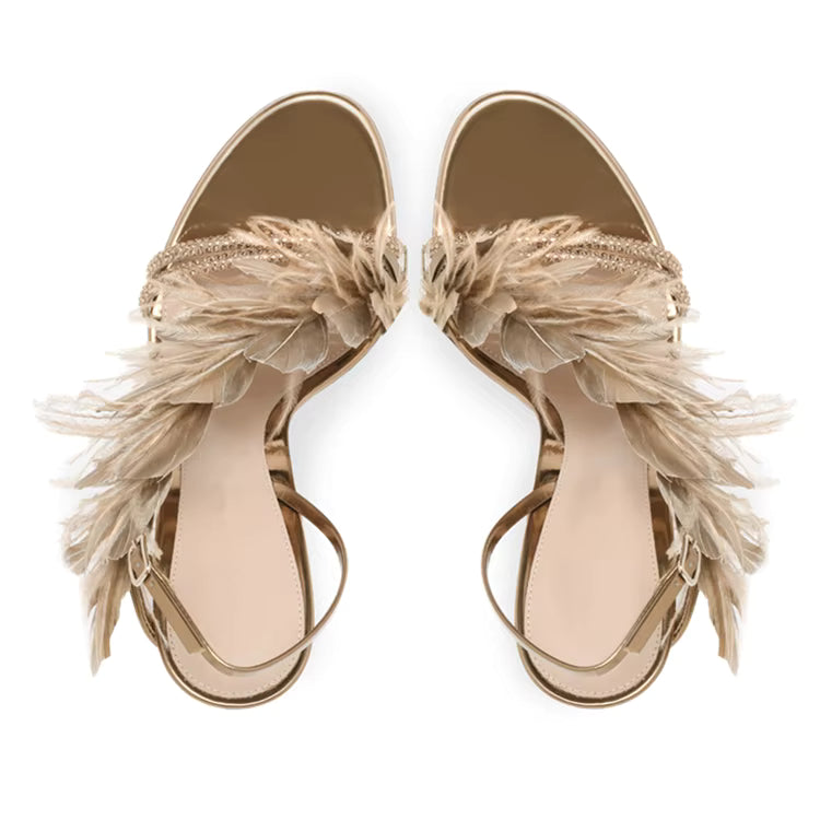 Feather Banquet Rhinestone One-line Buckle High Heel Stiletto Sandals