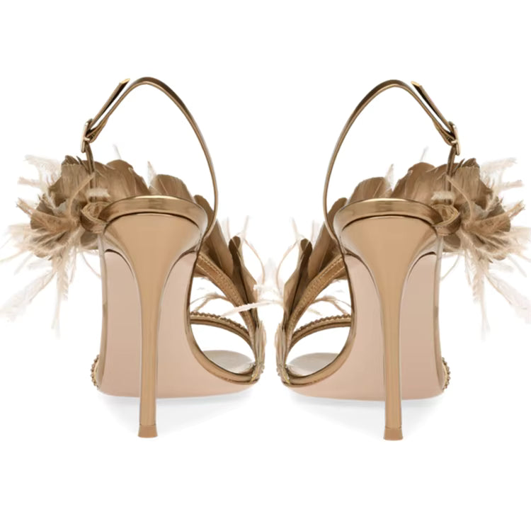 Feather Banquet Rhinestone One-line Buckle High Heel Stiletto Sandals