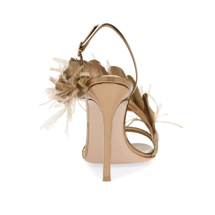 Feather Banquet Rhinestone One-line Buckle High Heel Stiletto Sandals