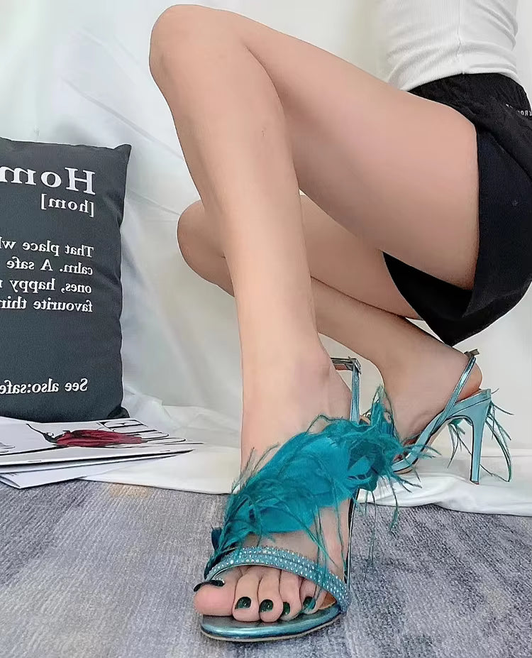 Feather Banquet Rhinestone One-line Buckle High Heel Stiletto Sandals