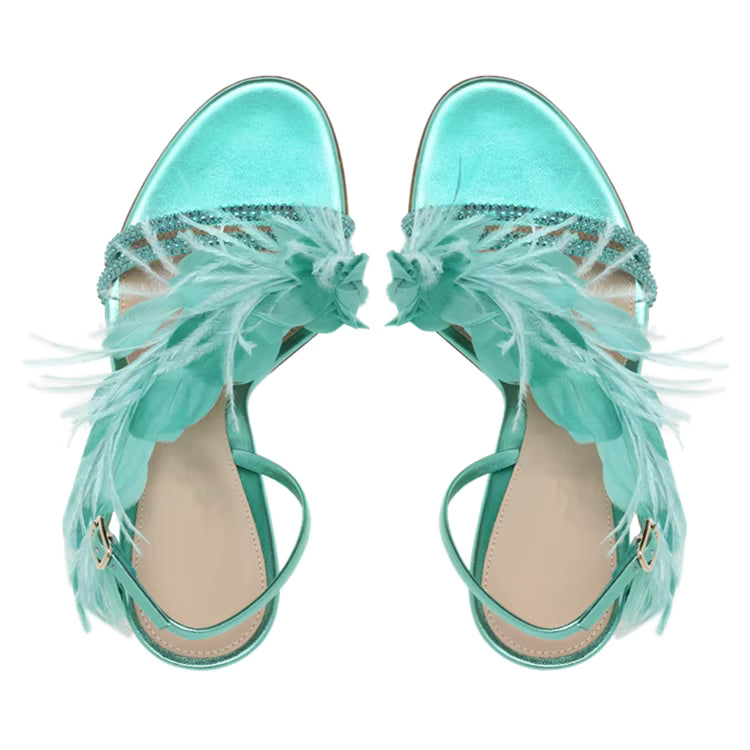 Feather Banquet Rhinestone One-line Buckle High Heel Stiletto Sandals