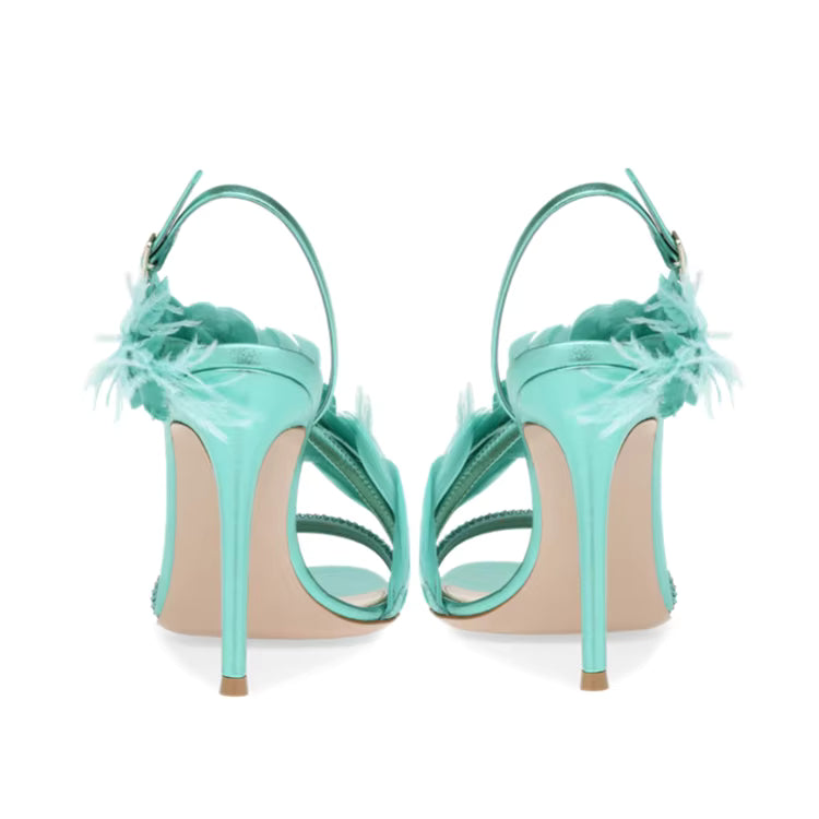Feather Banquet Rhinestone One-line Buckle High Heel Stiletto Sandals