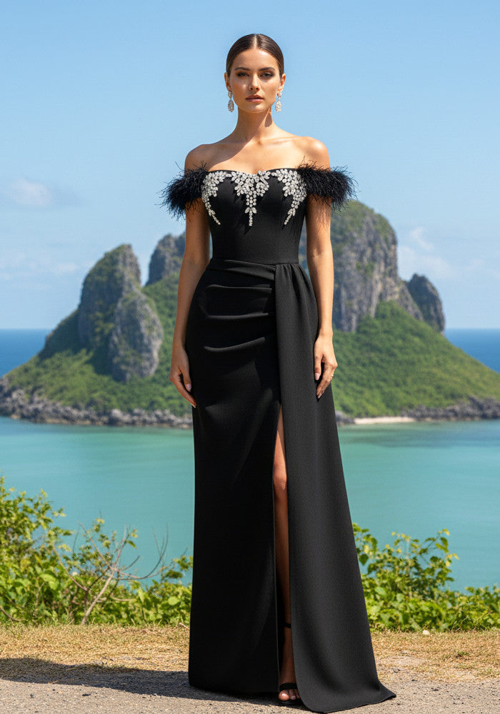 Feather Bardot Crystal Maxi Dress Black
