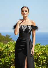 Feather Bardot Crystal Maxi Dress Black
