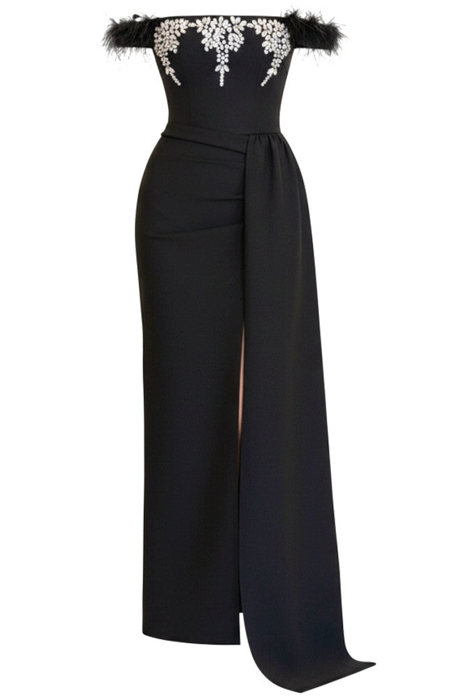 Feather Bardot Crystal Maxi Dress Black