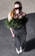 Feather Bardot Sequin Maxi Dress Silver Green