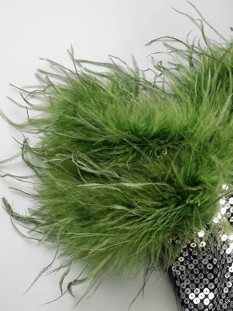Feather Bardot Sequin Maxi Dress Silver Green