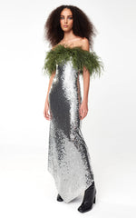 Feather Bardot Sequin Maxi Dress Silver Green