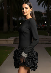 Crystal Feather Long Sleeve Ruffle Detail Dress Black