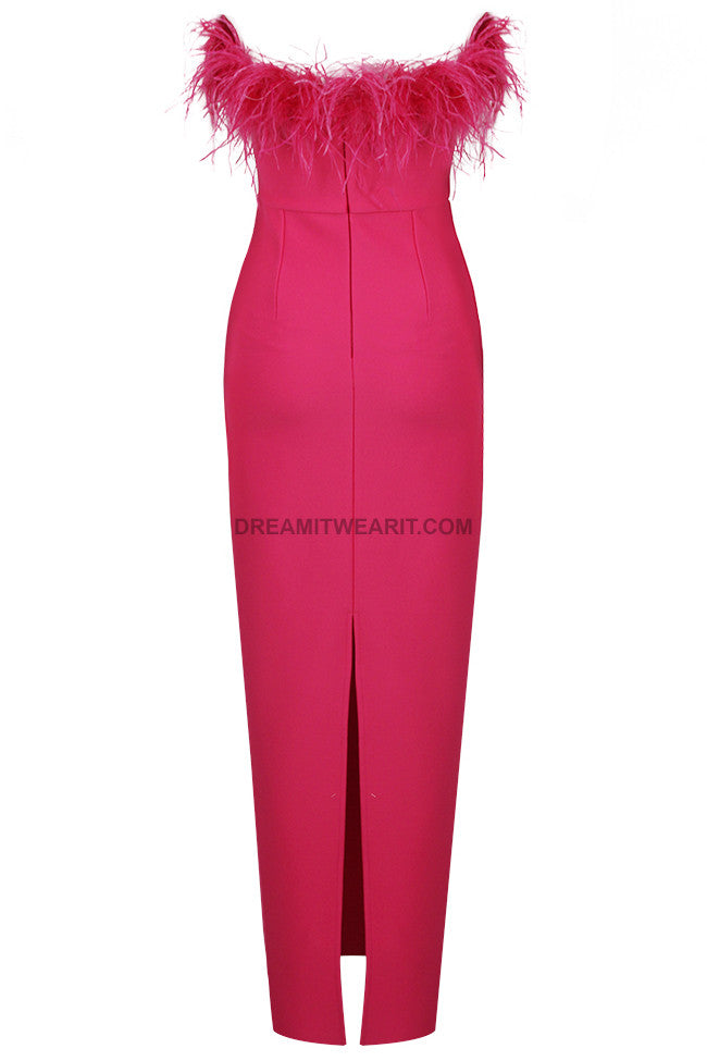 Feather Detail Strapless Maxi Dress Hot Pink