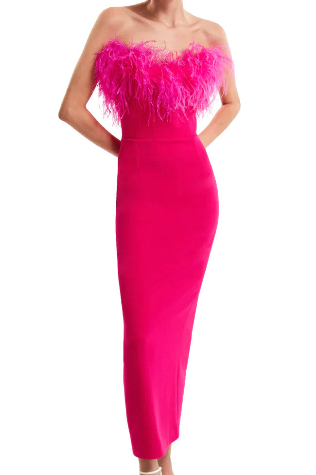 Feather Detail Strapless Maxi Dress Hot Pink