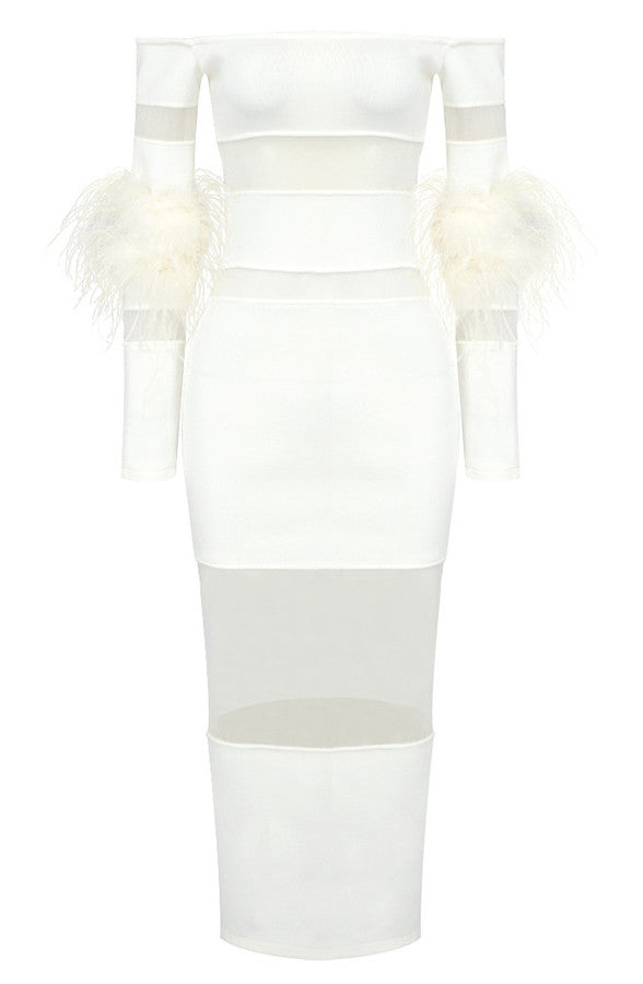 Feather Long Sleeve Off Shoulder Midi Dress White
