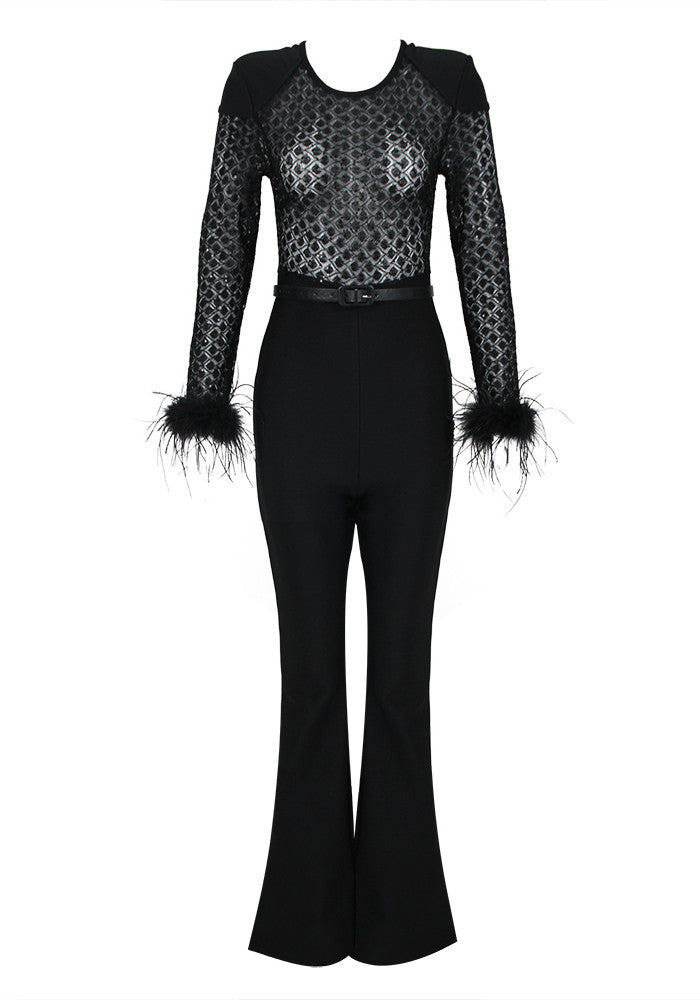 Feather Long Sleeve Sequin Jumpsuit Black