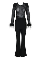 Feather Long Sleeve Sequin Jumpsuit Black
