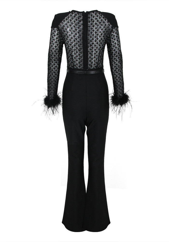 Feather Long Sleeve Sequin Jumpsuit Black