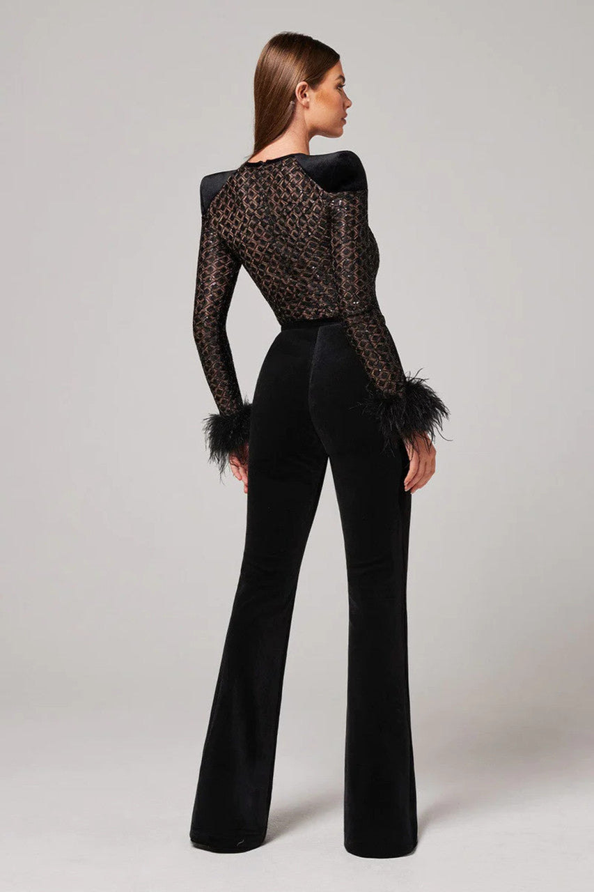 Feather Long Sleeve Sequin Jumpsuit Black