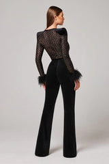 Feather Long Sleeve Sequin Jumpsuit Black
