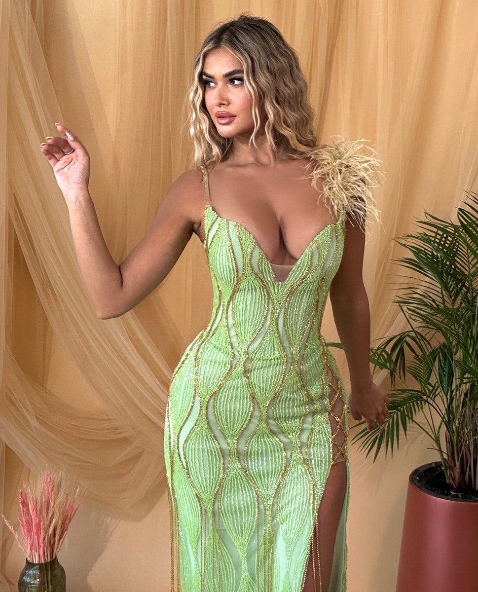 Feather Detail Maxi Dress Green Gold
